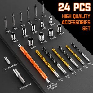 Drill Set, V VONTOX 20V Cordless Drill with 2 Batteries 2.0AH & Fast Charger, Home Power Drill 3/8" Keyless Chuck, 370 In-lb Torque, 2 Speed, 25+1 Position, 24pcs Drill for DIY
