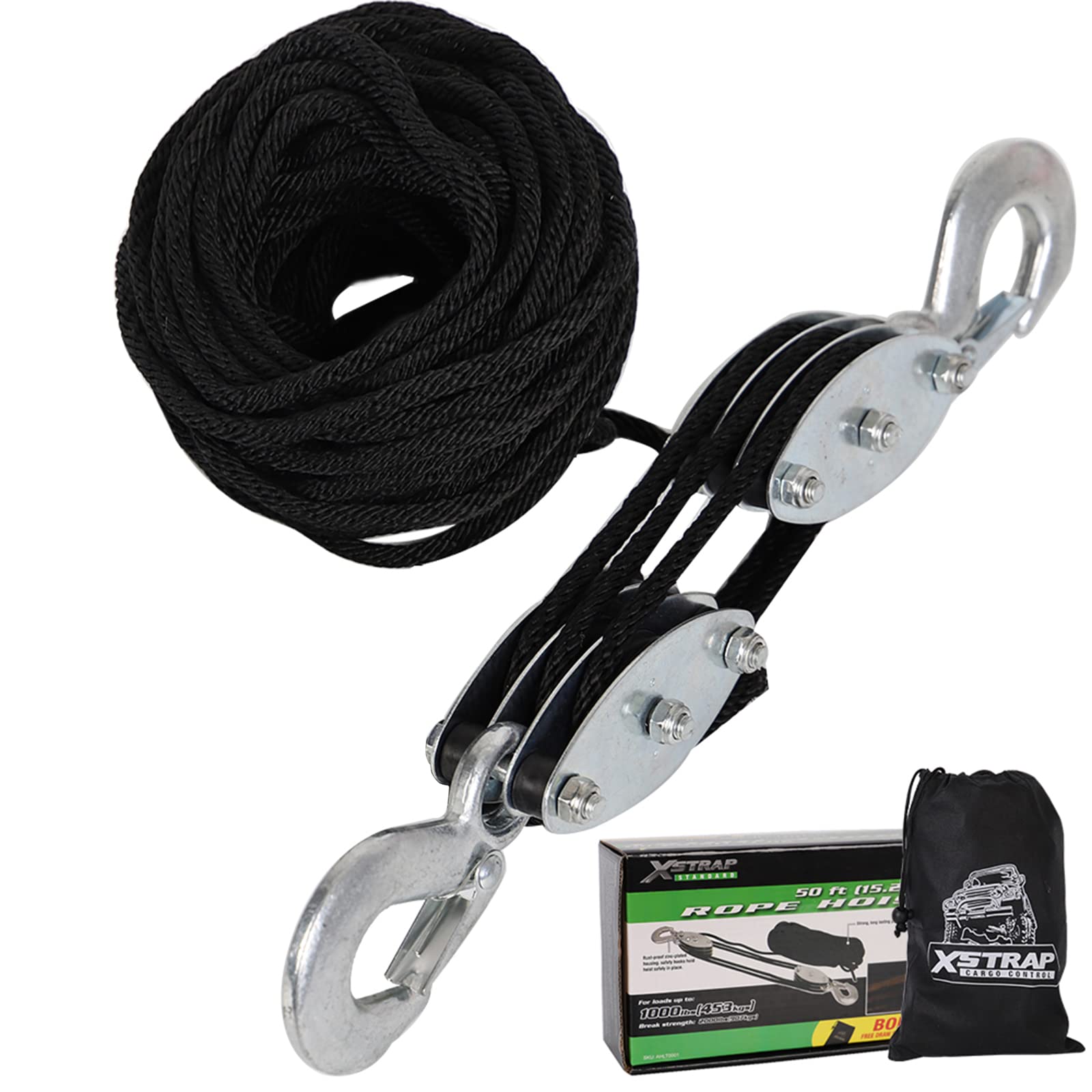 XSTRAP STANDARD Heavy-Duty 2,000 LB Breaking Strength 50 FT Rope Hoist, 1000 LB Work Load Block and Tackle Pulley System for Lifting Heavy Objects, Free with 2pcs Soft Loops (Black)