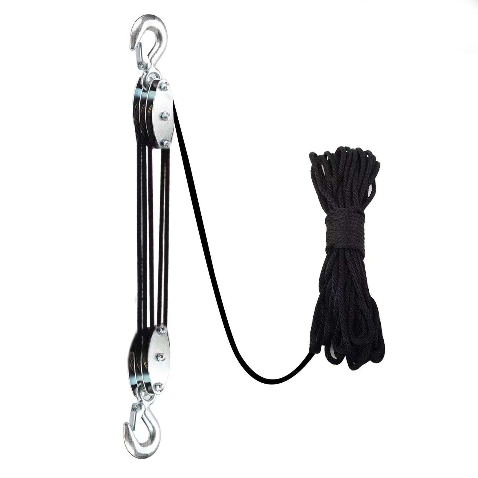 XSTRAP STANDARD Heavy-Duty 2,000 LB Breaking Strength 50 FT Rope Hoist, 1000 LB Work Load Block and Tackle Pulley System for Lifting Heavy Objects, Free with 2pcs Soft Loops (Black)