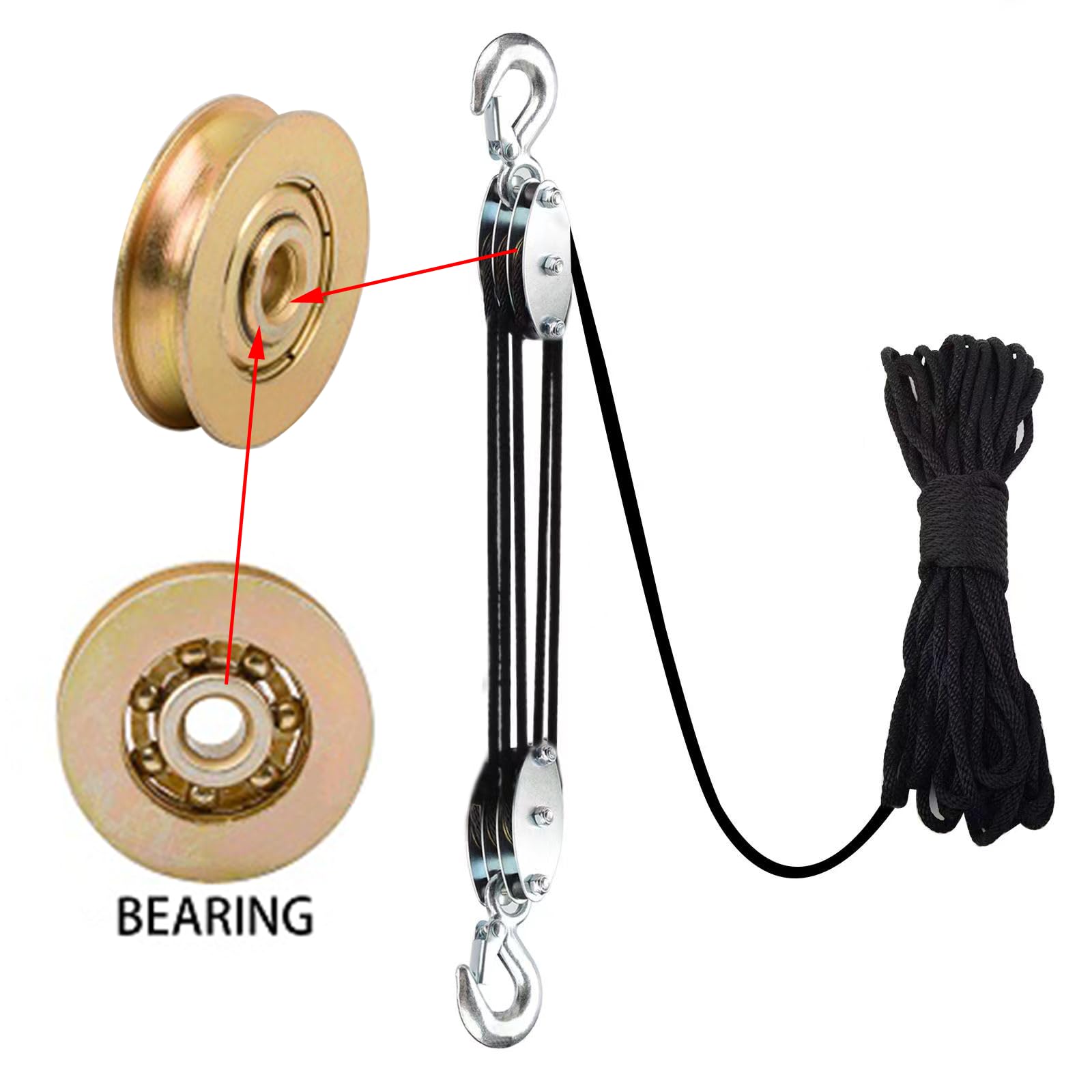 XSTRAP STANDARD Heavy-Duty 2,000 LB Breaking Strength 50 FT Rope Hoist, 1000 LB Work Load Block and Tackle Pulley System for Lifting Heavy Objects, Free with 2pcs Soft Loops (Black)