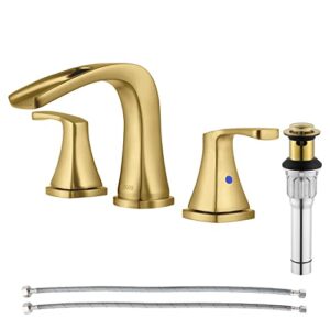 parlos waterfall widespread bathroom sink faucet 2 handles with metal pop up drain & cupc faucet supply lines, brushed gold, doris