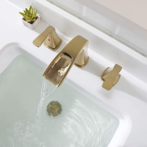 PARLOS Waterfall Widespread Bathroom Sink Faucet 2 Handles with Metal Pop Up Drain & cUPC Faucet Supply Lines, Brushed Gold, Doris