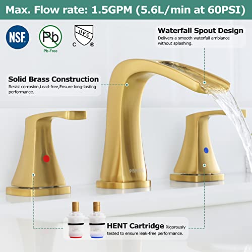 PARLOS Waterfall Widespread Bathroom Sink Faucet 2 Handles with Metal Pop Up Drain & cUPC Faucet Supply Lines, Brushed Gold, Doris