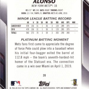 2019 Bowman Platinum Baseball #20 Pete Alonso Rookie Card - Short Print (SP)