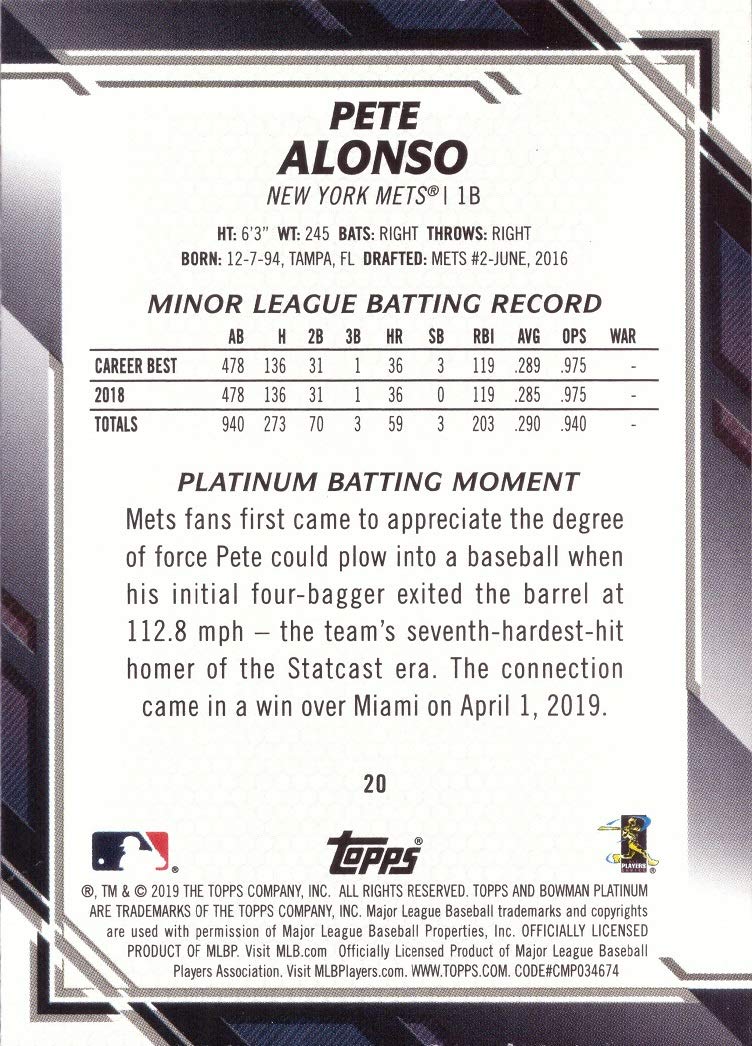 2019 Bowman Platinum Baseball #20 Pete Alonso Rookie Card - Short Print (SP)