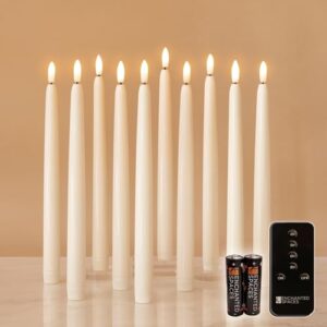 enchanted spaces set of 10 daily timer flameless led ivory 10" taper candles with realistic black wick, daily timer remote control and 20 aa batteries, candle holders not included