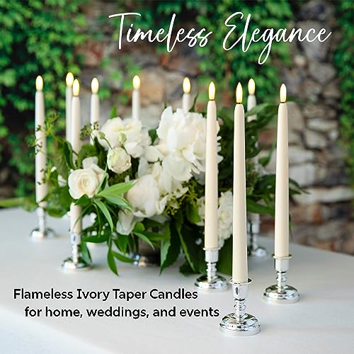 Enchanted Spaces Set of 10 Daily Timer Flameless LED Ivory 10" Taper Candles with Realistic Black Wick, Daily Timer Remote Control and 20 AA Batteries, Candle Holders NOT Included