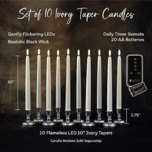 Enchanted Spaces Set of 10 Daily Timer Flameless LED Ivory 10" Taper Candles with Realistic Black Wick, Daily Timer Remote Control and 20 AA Batteries, Candle Holders NOT Included