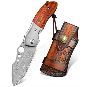 nedfoss damascus pocket knife for men, handmade forged vg10 damascus steel blade pocket knife with wooden handle, pocket clip, liner lock, excellent gifts for men