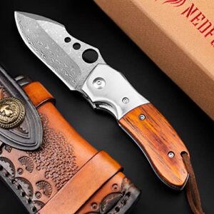 NedFoss Damascus Pocket Knife for men, Handmade Forged VG10 Damascus Steel Blade Pocket Knife with Wooden Handle, Pocket Clip, Liner Lock, Excellent Gifts for Men