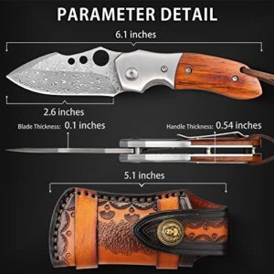 NedFoss Damascus Pocket Knife for men, Handmade Forged VG10 Damascus Steel Blade Pocket Knife with Wooden Handle, Pocket Clip, Liner Lock, Excellent Gifts for Men