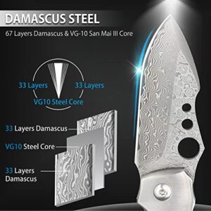 NedFoss Damascus Pocket Knife for men, Handmade Forged VG10 Damascus Steel Blade Pocket Knife with Wooden Handle, Pocket Clip, Liner Lock, Excellent Gifts for Men