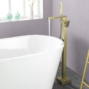 shamanda freestanding bathtub faucet single handle bath tub filler faucet with hand shower brushed gold, floor mount, fl801-3