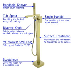 SHAMANDA Freestanding Bathtub Faucet Single Handle Bath Tub Filler Faucet with Hand Shower Brushed Gold, Floor Mount, FL801-3