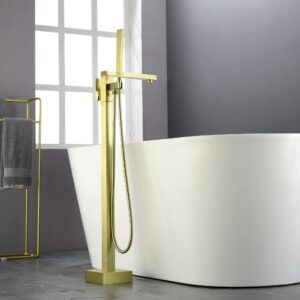 SHAMANDA Freestanding Bathtub Faucet Single Handle Bath Tub Filler Faucet with Hand Shower Brushed Gold, Floor Mount, FL801-3