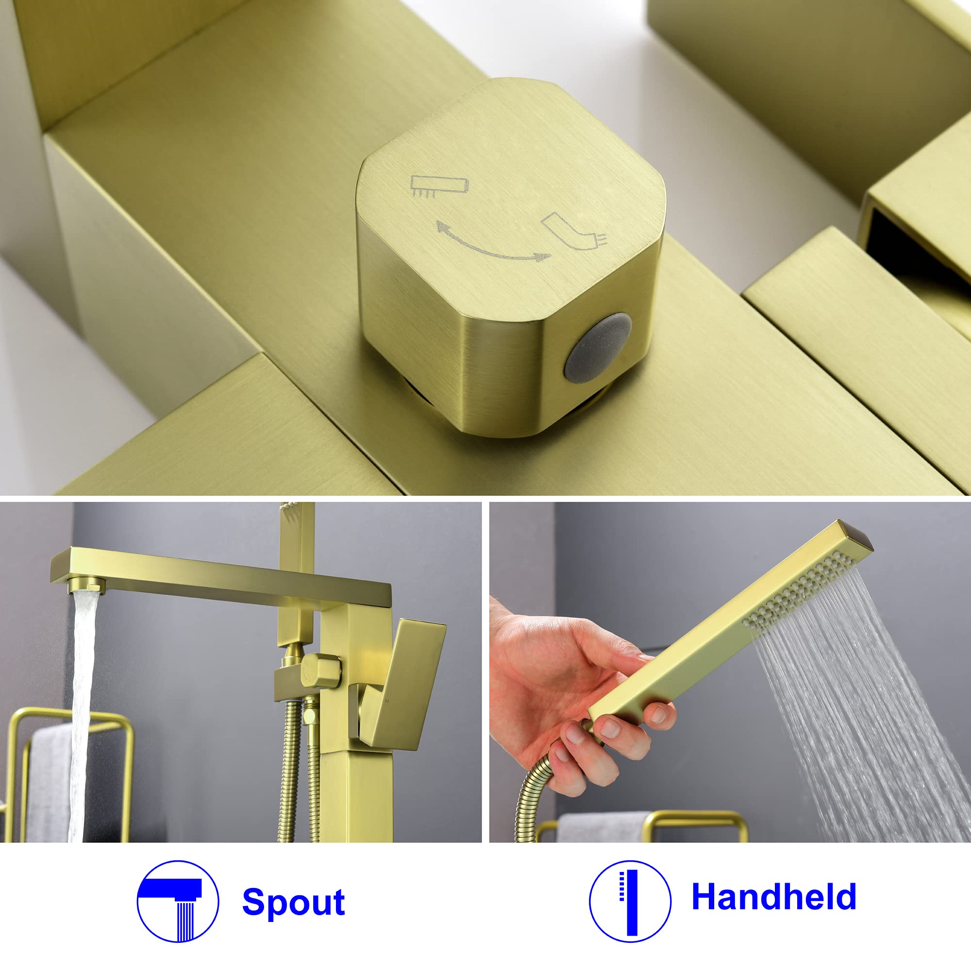 SHAMANDA Freestanding Bathtub Faucet Single Handle Bath Tub Filler Faucet with Hand Shower Brushed Gold, Floor Mount, FL801-3