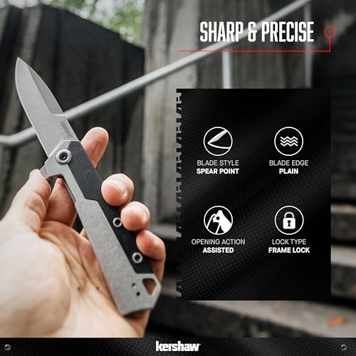 Kershaw Oblivion Pocket Knife, 3.5 Inch 8Cr13MoV Bead-Blasted and Stonewashed Blade, SpeedSafe Assisted Opening, Stainless Steel Glass-Filled Nylon Handle, Flipper, Frame Lock, Deep-Carry Pocketclip (