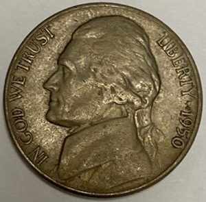 1950 p jefferson nickel average circulated five-cent piece