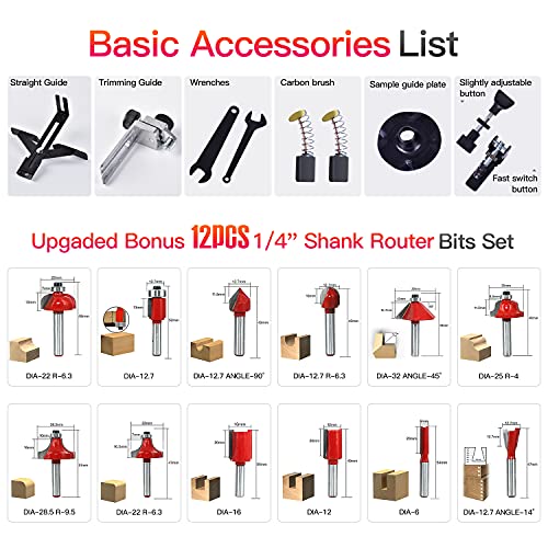 Compact Router Tool, 800W Wood Palm Router Tool for Woodworking, Hand Wood Trimmer Wood Router with 12PCS 1/4" Router Bits