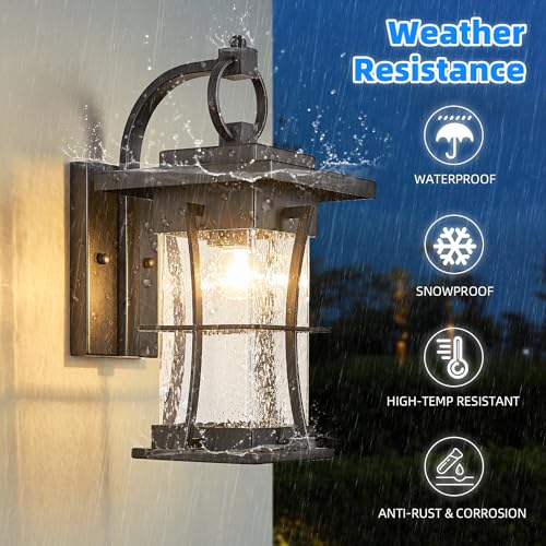 EERU Outdoor Wall Sconces Light Fixtures Exterior Wall Lantern Outside House Lamps Waterproof Black Metal with Clear Seeded Glass, Perfect for Exterior Porch Patio House