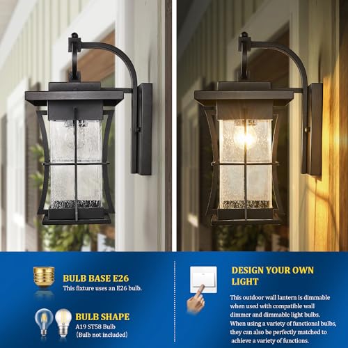 EERU Outdoor Wall Sconces Light Fixtures Exterior Wall Lantern Outside House Lamps Waterproof Black Metal with Clear Seeded Glass, Perfect for Exterior Porch Patio House