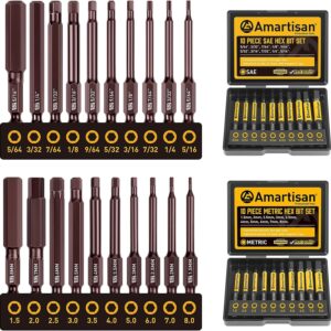 amartisan 20-piece hex head allen wrench drill bit set, metric and sae s2 steel hex bits set, magnetic tips, 2.3" long with storage box.