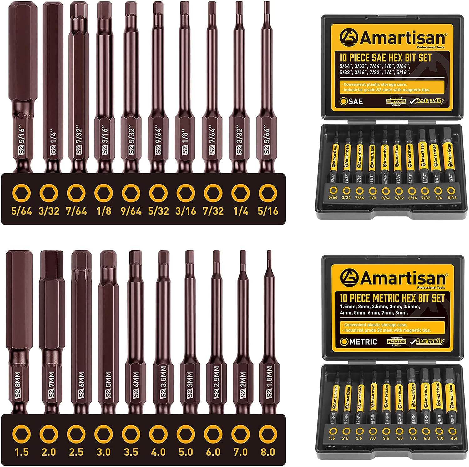 Amartisan 20-Piece Hex Head Allen Wrench Drill Bit Set, Metric and SAE S2 Steel Hex Bits Set, Magnetic Tips, 2.3" Long With Storage box.