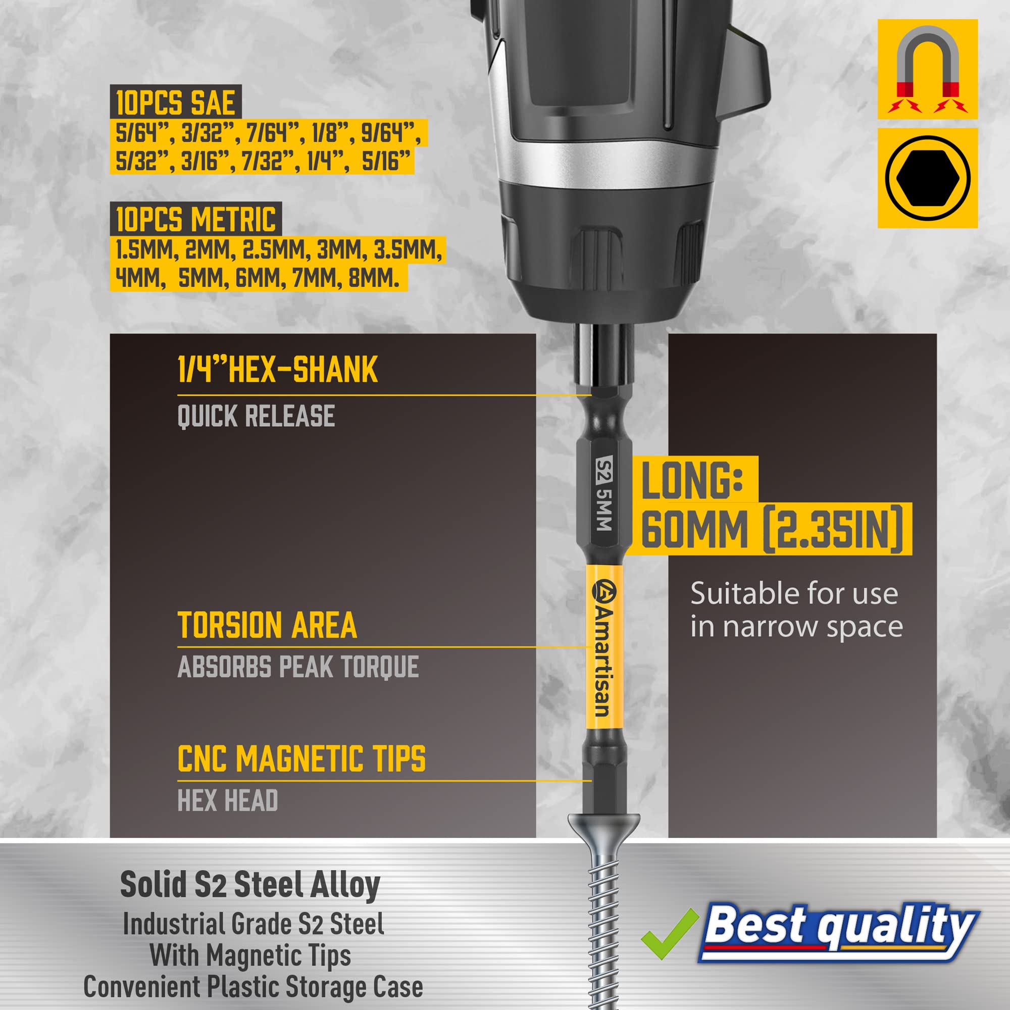 Amartisan 20-Piece Hex Head Allen Wrench Drill Bit Set, Metric and SAE S2 Steel Hex Bits Set, Magnetic Tips, 2.3" Long With Storage box.