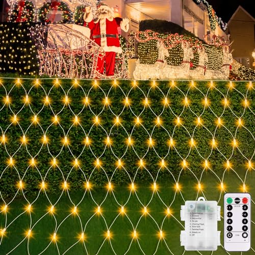 echsoari Battery Operated Net Lights, 100 LED Net Fairy Lights 8 Modes Remote Timer Dimmable Garden Patio Mesh Lighting for Bush Deck Fence Wall Party Wedding Christmas Decor (Warm White)