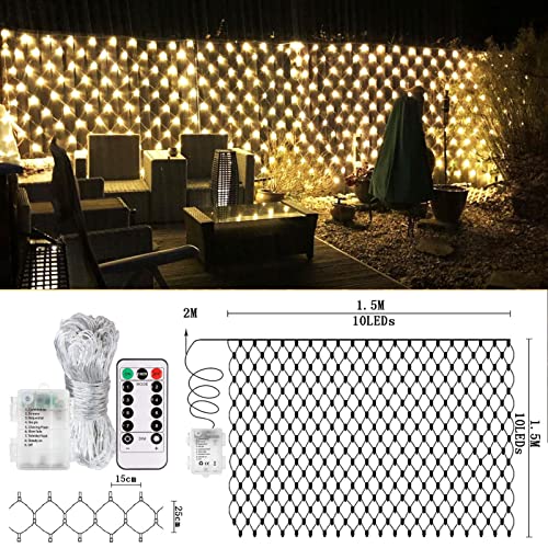 echsoari Battery Operated Net Lights, 100 LED Net Fairy Lights 8 Modes Remote Timer Dimmable Garden Patio Mesh Lighting for Bush Deck Fence Wall Party Wedding Christmas Decor (Warm White)