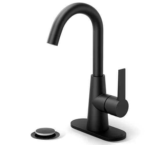 Phiestina Single Hole Matte Black Single-Handle 4 Inch Bathroom Sink Faucet with Deck Plate and Supply Hoses, Bar Sink Faucet/Pre-Kitchen Sink Faucet with 360° Rotation Spout, WE10E-MB