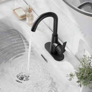 Phiestina Single Hole Matte Black Single-Handle 4 Inch Bathroom Sink Faucet with Deck Plate and Supply Hoses, Bar Sink Faucet/Pre-Kitchen Sink Faucet with 360° Rotation Spout, WE10E-MB