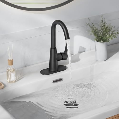 Phiestina Single Hole Matte Black Single-Handle 4 Inch Bathroom Sink Faucet with Deck Plate and Supply Hoses, Bar Sink Faucet/Pre-Kitchen Sink Faucet with 360° Rotation Spout, WE10E-MB