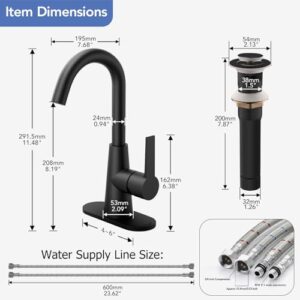 Phiestina Single Hole Matte Black Single-Handle 4 Inch Bathroom Sink Faucet with Deck Plate and Supply Hoses, Bar Sink Faucet/Pre-Kitchen Sink Faucet with 360° Rotation Spout, WE10E-MB