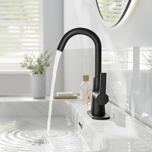 Phiestina Single Hole Matte Black Single-Handle 4 Inch Bathroom Sink Faucet with Deck Plate and Supply Hoses, Bar Sink Faucet/Pre-Kitchen Sink Faucet with 360° Rotation Spout, WE10E-MB