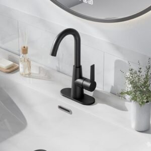 Phiestina Single Hole Matte Black Single-Handle 4 Inch Bathroom Sink Faucet with Deck Plate and Supply Hoses, Bar Sink Faucet/Pre-Kitchen Sink Faucet with 360° Rotation Spout, WE10E-MB