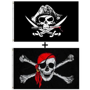3x5 ft pirate flags cross knife flag and jolly roger (red scarf) flag 2 pack