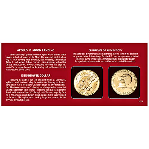 Moon Landing Eisenhower and Bicentennial Dollar Coin Set Layered in Gold| 50th Anniversary Special Edition |Certificate of Authenticity |Two Colorized 24 KT Gold Layered US Coins