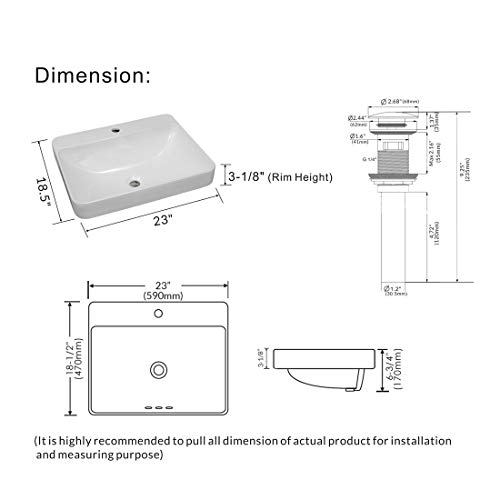 WinZo WZ6123D Drop-in Bathroom Vessel Sink Rectangular Semi-recessed Vanity Basin Included Porcelain Pop Up Drain White