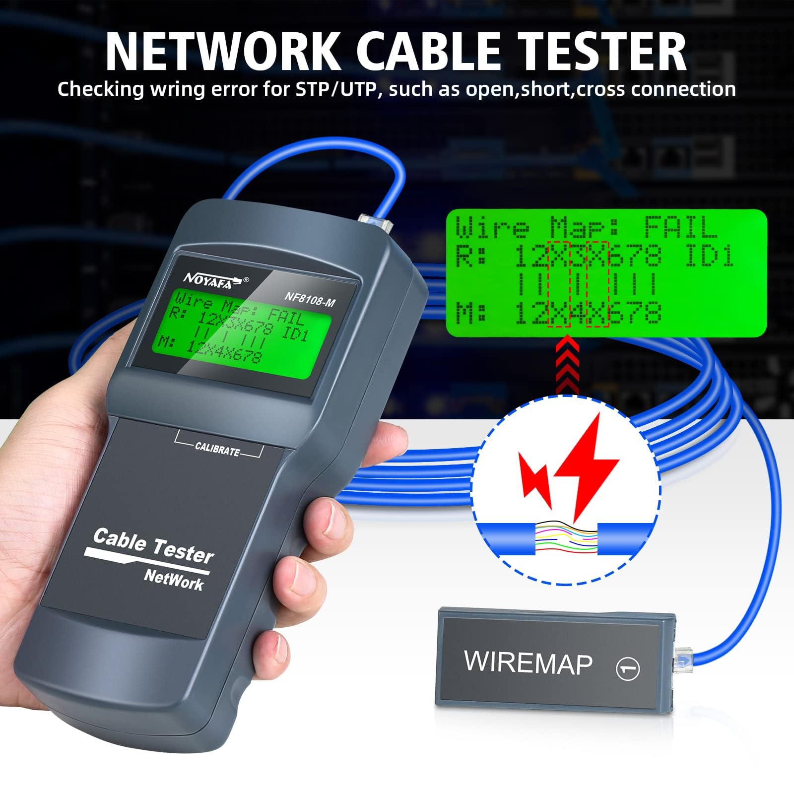 Network Cable Tester - NOYAFA Cable Wire Fault Finder for RJ45 Cat5, Cat6, 5e, 6e Measure Length, Locate The Breakage Point, Check Wiring Error with 8 Far-end Passive Test Jacks