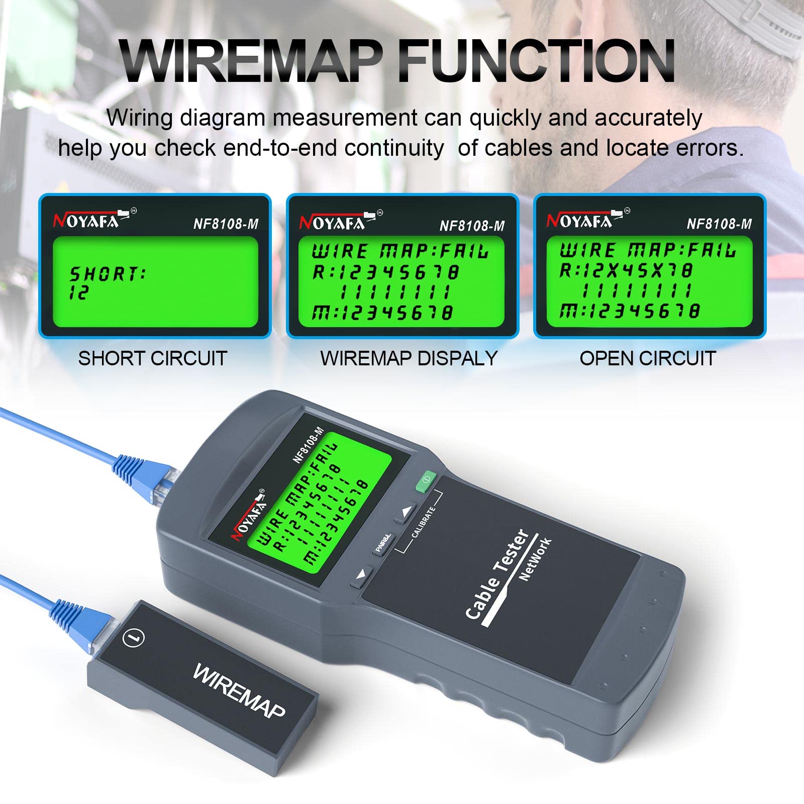 Network Cable Tester - NOYAFA Cable Wire Fault Finder for RJ45 Cat5, Cat6, 5e, 6e Measure Length, Locate The Breakage Point, Check Wiring Error with 8 Far-end Passive Test Jacks