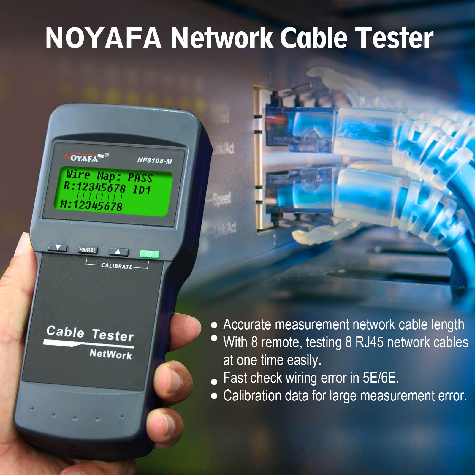 Network Cable Tester - NOYAFA Cable Wire Fault Finder for RJ45 Cat5, Cat6, 5e, 6e Measure Length, Locate The Breakage Point, Check Wiring Error with 8 Far-end Passive Test Jacks