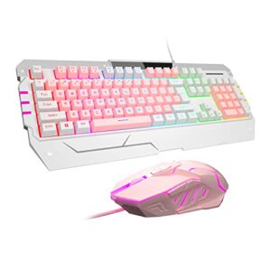 pink keyboard usb gaming keyboards and mouse combo, gt817 104 key rainbow backlit keyboard and mouse set, computer keyboard usb wired mouse for windows pc gamers (white & pink)
