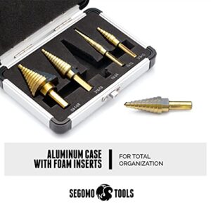 Segomo Tools 5 Piece SAE Multiple Hole 50 Sizes HSS Step Drill Bit Set with Aluminum Case | Stepped Drill Bit | Cone Drill Bit | Step Bit Set | Multiple Hole Drill Bit | Drill Step Bit - SDS5SAE