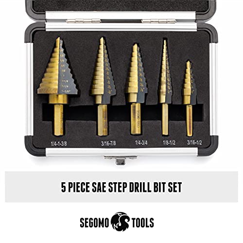 Segomo Tools 5 Piece SAE Multiple Hole 50 Sizes HSS Step Drill Bit Set with Aluminum Case | Stepped Drill Bit | Cone Drill Bit | Step Bit Set | Multiple Hole Drill Bit | Drill Step Bit - SDS5SAE