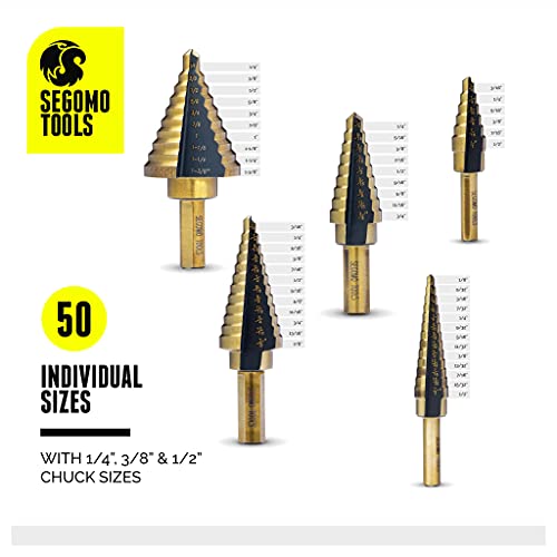 Segomo Tools 5 Piece SAE Multiple Hole 50 Sizes HSS Step Drill Bit Set with Aluminum Case | Stepped Drill Bit | Cone Drill Bit | Step Bit Set | Multiple Hole Drill Bit | Drill Step Bit - SDS5SAE