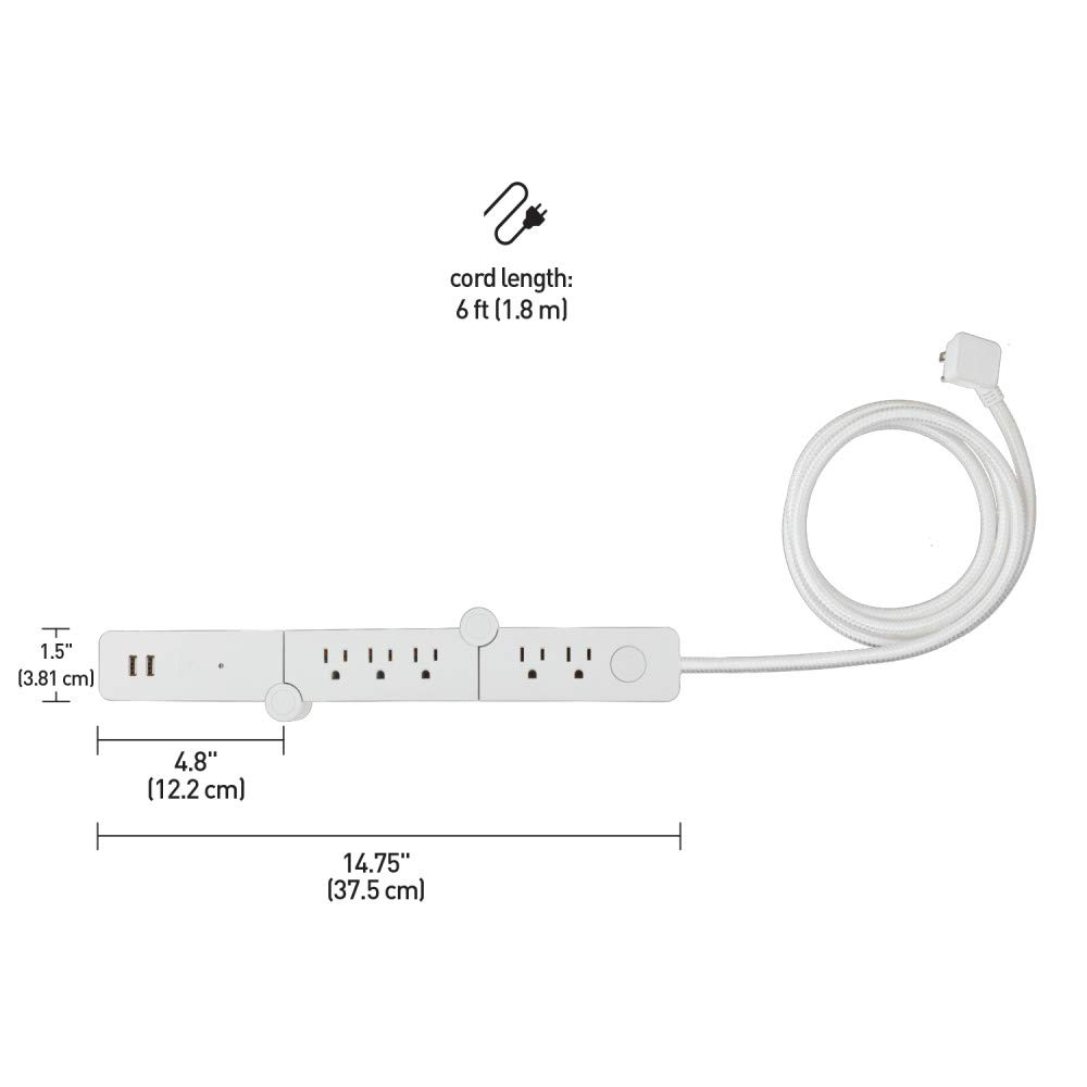 Designer Series 5-Outlet USB Surge Protector Flexible Power Strip, 2x USB Ports (5V/3.1A), Surge Protector, Right Angle Plug, Central On/Off Button, 6ft Cord, White Finish,78449