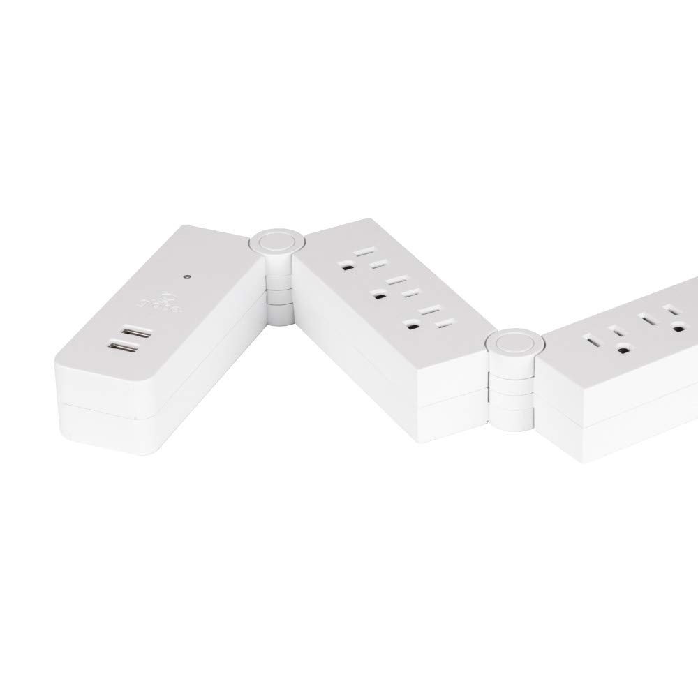 Designer Series 5-Outlet USB Surge Protector Flexible Power Strip, 2x USB Ports (5V/3.1A), Surge Protector, Right Angle Plug, Central On/Off Button, 6ft Cord, White Finish,78449