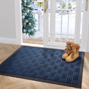 DEXI Door Mat Front Indoor Outdoor Doormat,Small Heavy Duty Rubber Outside Floor Rug for Entryway Patio Waterproof Low-Profile,17"x29",Navy Blue