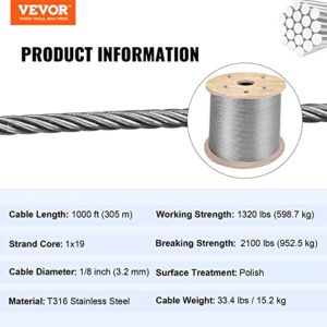 Mophorn Stainless Steel Cable Railing 1/8"x 1000ft, Wire Rope 316 Marine Grade, Braided Aircraft Cable 1x19 Strands Construction for Deck,Rail,Balusters,Stair,Handrail,Porch,Fence